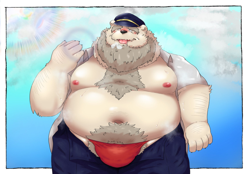 2023 anthro asian_clothing bear beard belly big_belly bottomwear clothed clothing east_asian_clothing facial_hair fundoshi hat headgear headwear hi_res japanese_clothing kemono male mammal mature_male moobs navel nipples open_clothing open_shirt open_topwear overweight overweight_male pants polar_bear red_clothing red_fundoshi red_underwear shirt solo tongue tongue_out topwear underwear ursine yanununununu