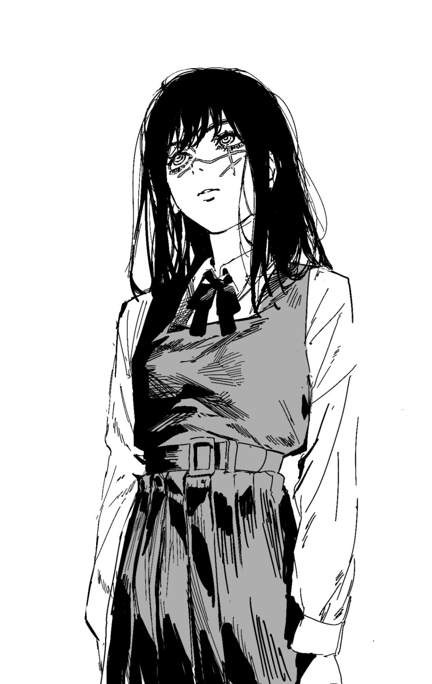 1girl bad_id bad_twitter_id belt black_hair chainsaw_man expressionless fourth_east_high_school_uniform fujimoto_tatsuki_(style) hair_down highres kona_ming long_hair mitaka_asa monochrome scar school_uniform shirt sketch skirt unfinished war_devil_(chainsaw_man) white_background white_shirt yoru_(chainsaw_man)