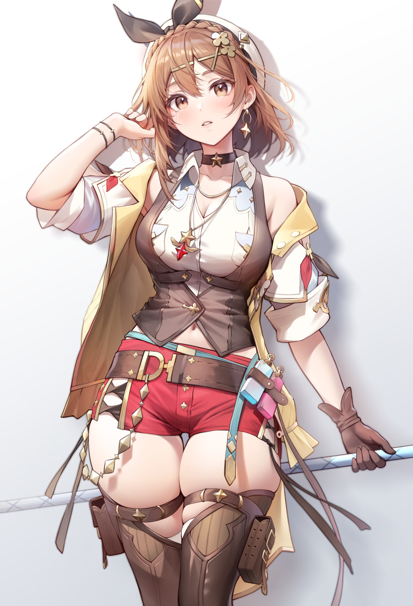 1girl absurdres atelier_(series) atelier_ryza atelier_ryza_3 breast_pocket breasts brown_hair brown_thighhighs brown_vest choker cleavage earrings hair_between_eyes hair_ornament highres jewelry large_breasts micro_shorts necklace pocket red_shorts reisalin_stout risa_(pixiv23908854) short_hair shorts sleeveless solo star_(symbol) star_choker thick_thighs thighhighs thighs vest white_headwear x_hair_ornament yellow_eyes