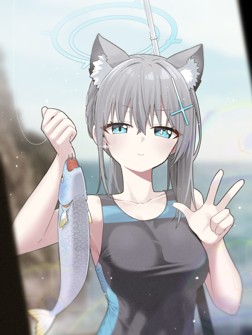 1girl animal animal_ears b.t._(boob_tong) bare_shoulders black_one-piece_swimsuit blue_archive blue_eyes blush breasts competition_swimsuit cross_hair_ornament day earrings fish fishing fishing_rod hair_between_eyes hair_ornament halo hands_up highres holding holding_animal holding_fish jewelry long_hair looking_at_viewer medium_breasts mismatched_pupils one-piece_swimsuit outdoors ponytail shiroko_(blue_archive) shiroko_(swimsuit)_(blue_archive) slit_pupils smile solo swimsuit w