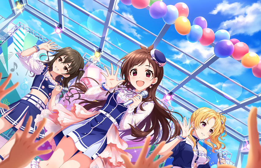 3girls balloon belt blonde_hair blue_dress blue_headwear blue_shirt blue_skirt bow breasts brown_eyes brown_hair buttons character_request check_character crop_top double-breasted dress dutch_angle earrings feet_out_of_frame frilled_socks frills game_cg hair_ribbon hands_up head_tilt holding idol idolmaster idolmaster_cinderella_girls idolmaster_cinderella_girls_starlight_stage jewelry kiryu_tsukasa_(idolmaster) kneehighs long_hair long_sleeves looking_at_viewer medium_breasts microphone multiple_girls musical_note official_art outdoors parted_bangs pink_bow pleated_skirt pov purple_eyes red_eyes ribbon see-through see-through_sleeves shadow shirt skirt small_breasts socks stage stage_lights sunazuka_akira thighs tilted_headwear tsujino_akari two_side_up waving white_belt white_socks wristband