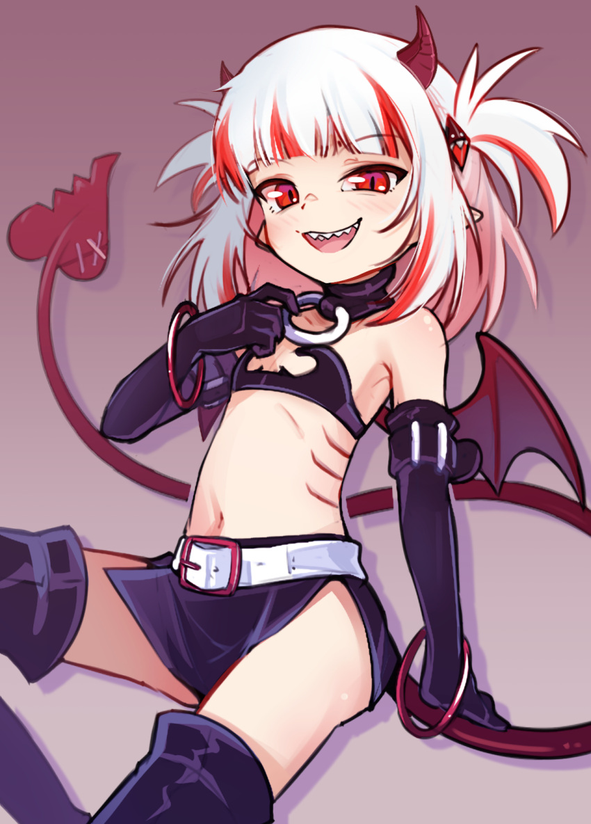 1girl :d alternate_costume alternate_tail arm_support armpit_crease bare_shoulders belt black_footwear black_gloves black_skirt blunt_bangs boots choker cosplay demon_girl demon_horns demon_tail demon_wings disgaea dudul elbow_gloves etna_(disgaea) etna_(disgaea)_(cosplay) flat_chest gawr_gura gills gloves gradient_background grey_hair hair_bobbles hair_ornament highres hololive hololive_english horns looking_at_viewer makai_senki_disgaea medium_hair miniskirt multicolored_hair navel o-ring o-ring_choker open_mouth pointy_ears red_eyes red_hair reflect_(gawr_gura) sharp_teeth skirt slit_pupils smile solo stomach streaked_hair tail teeth thigh_boots two_side_up uneven_eyes virtual_youtuber white_belt wings