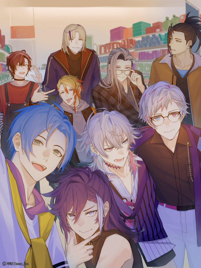 6+boys artist_name axel_syrios banzoin_hakka bettel_2_(gavis_bettel) blonde_hair blue_eyes blue_hair brown_hair choker earrings english_commentary everyone gavis_bettel glasses green_eyes grey_hair grin hair_between_eyes heterochromia high_ponytail highres hnzw_kun holostars holostars_english holotempus hood hoodie in_shopping_cart interior jacket jacket_on_shoulders jewelry josuiji_shinri light_blue_hair long_hair looking_at_another looking_at_viewer machina_x_flayon magni_dezmond male_focus mole mole_under_mouth multicolored_hair multiple_boys noir_vesper open_mouth pants pink_eyes pointing pointing_at_self posing purple_eyes purple_hair raised_eyebrow red_hair regis_altare selfie shelf shop shopping_cart short_hair siblings smile standing suspenders sweater tongue tongue_out turtleneck turtleneck_sweater twins two-tone_hair v-neck virtual_youtuber white_pants yellow_eyes