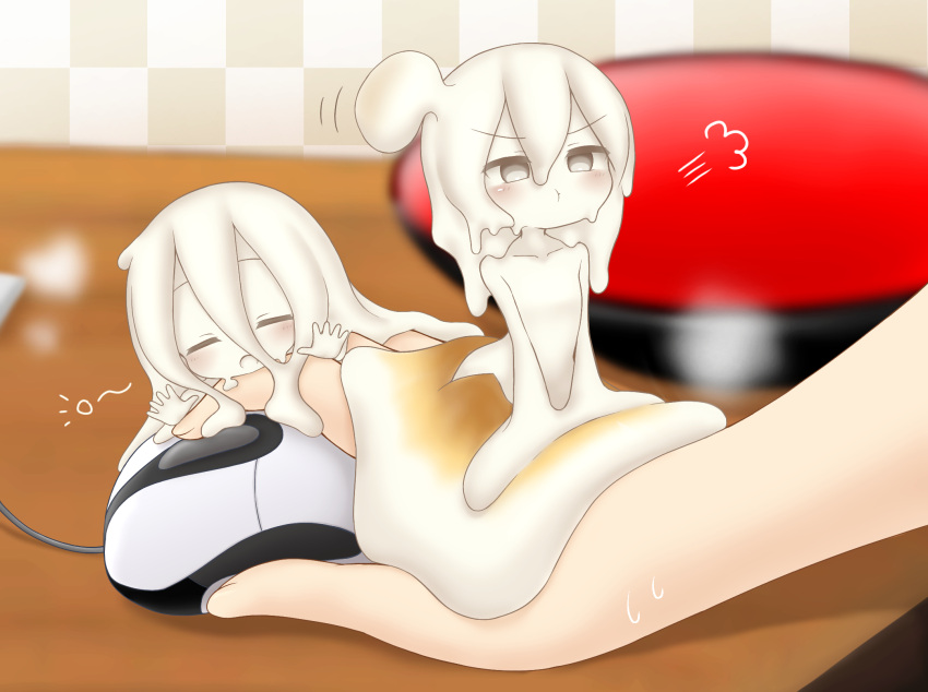 2girls :d blush colored_skin commission curss food highres long_hair lying mini_person minigirl mochi monster_girl mouse_(computer) multiple_girls open_mouth original out_of_frame pout skeb_commission slime_girl smile white_hair white_skin