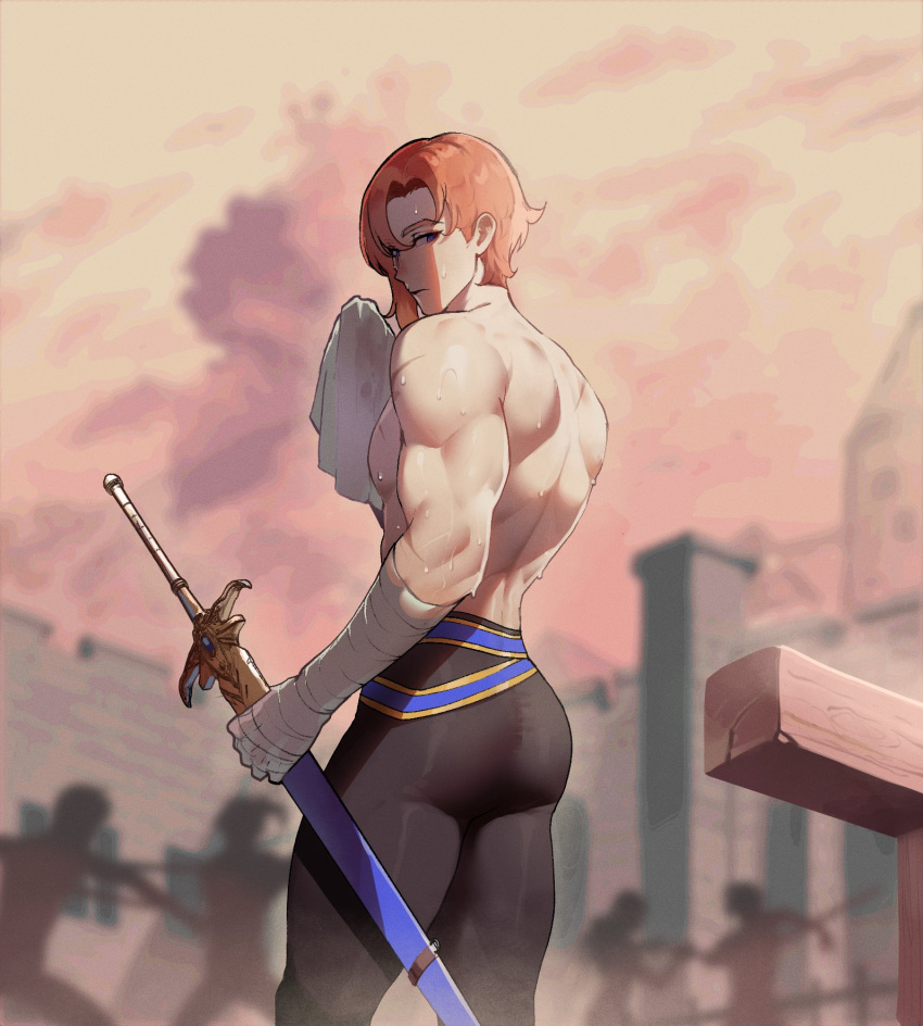 1boy 4others ass bandaged_arm bandages biceps black_pants blue_eyes blurry blurry_background brown_hair cloud cloudy_sky commentary english_commentary evening expressionless highres holding holding_sword holding_weapon looking_back male_focus mikhail_(nyantcha) multiple_others muscular muscular_male nyantcha original pants scar short_hair sideways_glance sky sweat sword very_sweaty weapon wiping_sweat