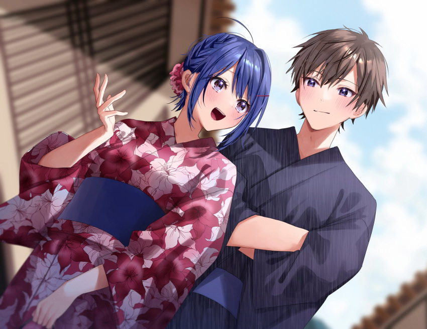 1boy 1girl :d ahoge blue_eyes blue_hair blue_kimono blurry blurry_background blush braid brown_hair chigusa_minori closed_mouth commentary_request cowboy_shot crossed_arms floral_print hair_bun highres himeno_akira japanese_clothes jitsuha_imouto_deshita. kimono looking_at_another majima_ryouta obi official_art open_mouth outdoors purple_eyes sash short_hair sidelocks smile sunlight teeth unmoving_pattern upper_teeth_only wide_sleeves