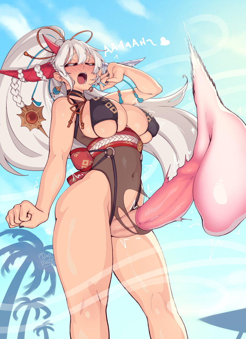 1girl absurdres asymmetrical_horns azur_lane black_nails blue_sky braid breasts closed_eyes condom condom_on_penis covered_navel day deumosden earrings erection feet_out_of_frame futanari grey_hair hair_on_horn hakuryuu_(azur_lane) hand_up high_ponytail highres horns huge_penis jewelry large_breasts long_hair open_mouth penis red_horns sky solo standing teeth torn_clothes trembling uncensored used_condom used_condom_on_penis