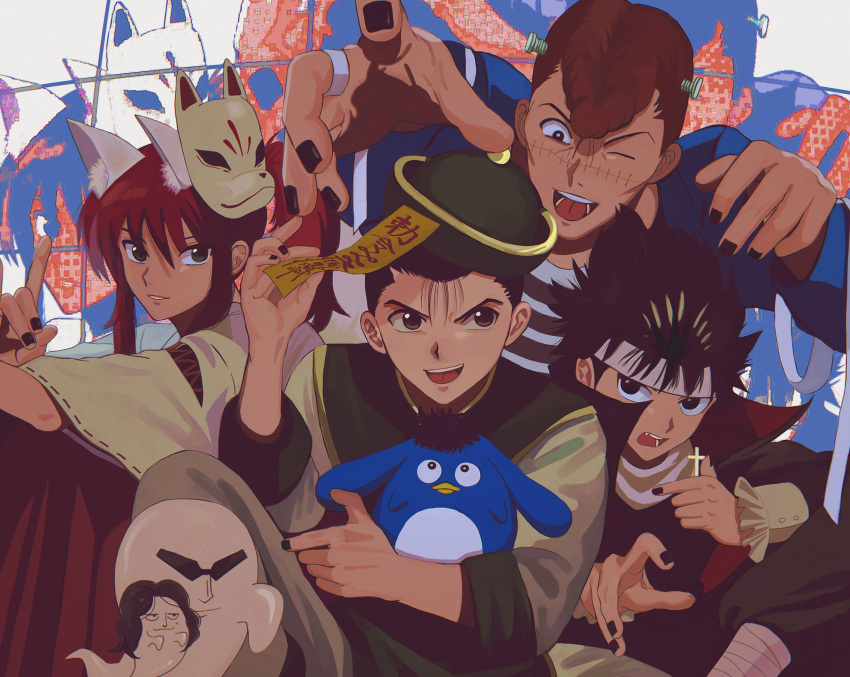 4boys ;d absurdres animal_ears black_eyes black_hair black_nails brown_eyes brown_hair cosplay cross fang fox_ears fox_mask frankenstein's_monster frankenstein's_monster_(cosplay) ghost green_eyes hands_up hat hiei_(yu_yu_hakusho) highres holding holding_cross holding_stuffed_toy japanese_clothes jewelry jiangshi_costume kurama_(yu_yu_hakusho) kuwabara_kazuma long_hair male_focus mask miko_hxh multiple_boys ofuda one_eye_closed ponytail puu_(yu_yu_hakusho) qingdai_guanmao red_hair ring scar scar_on_face smile stuffed_toy toguro_ani toguro_otouto urameshi_yusuke vampire_costume yu_yu_hakusho zoom_layer