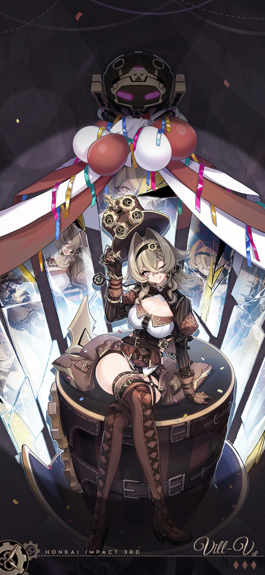1girl :d balloon boots breasts broken_mirror brown_footwear brown_gloves brown_hair brown_jacket brown_shorts chinese_commentary cleavage cleavage_cutout closed_mouth clothing_cutout confetti crossed_legs curtains different_reflection gloves grey_eyes hat headband highres honkai_(series) honkai_impact_3rd jacket knee_boots mirror official_art official_wallpaper one_eye_closed open_mouth reflection shorts sitting smile solo tongue tongue_out top_hat vill-v