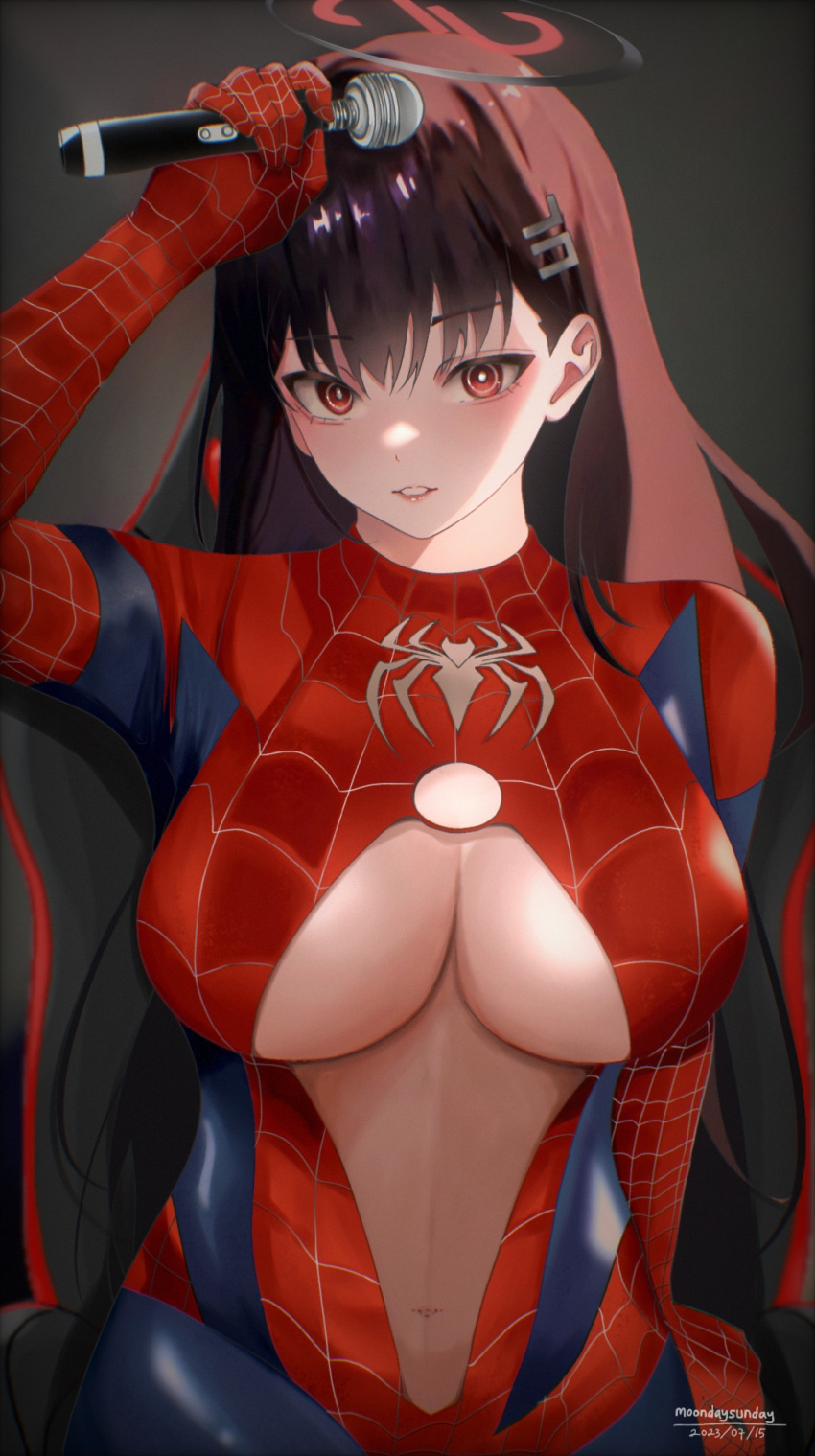 1girl alternate_costume animal_print blue_archive blush breasts brown_hair cleavage_cutout clothing_cutout cosplay halo heart highres holding holding_microphone instagram large_breasts looking_at_viewer matchacha microphone navel_cutout red_eyes rio_(blue_archive) solo spider-man spider-man_(cosplay) spider_print spider_web_print textless_version underboob
