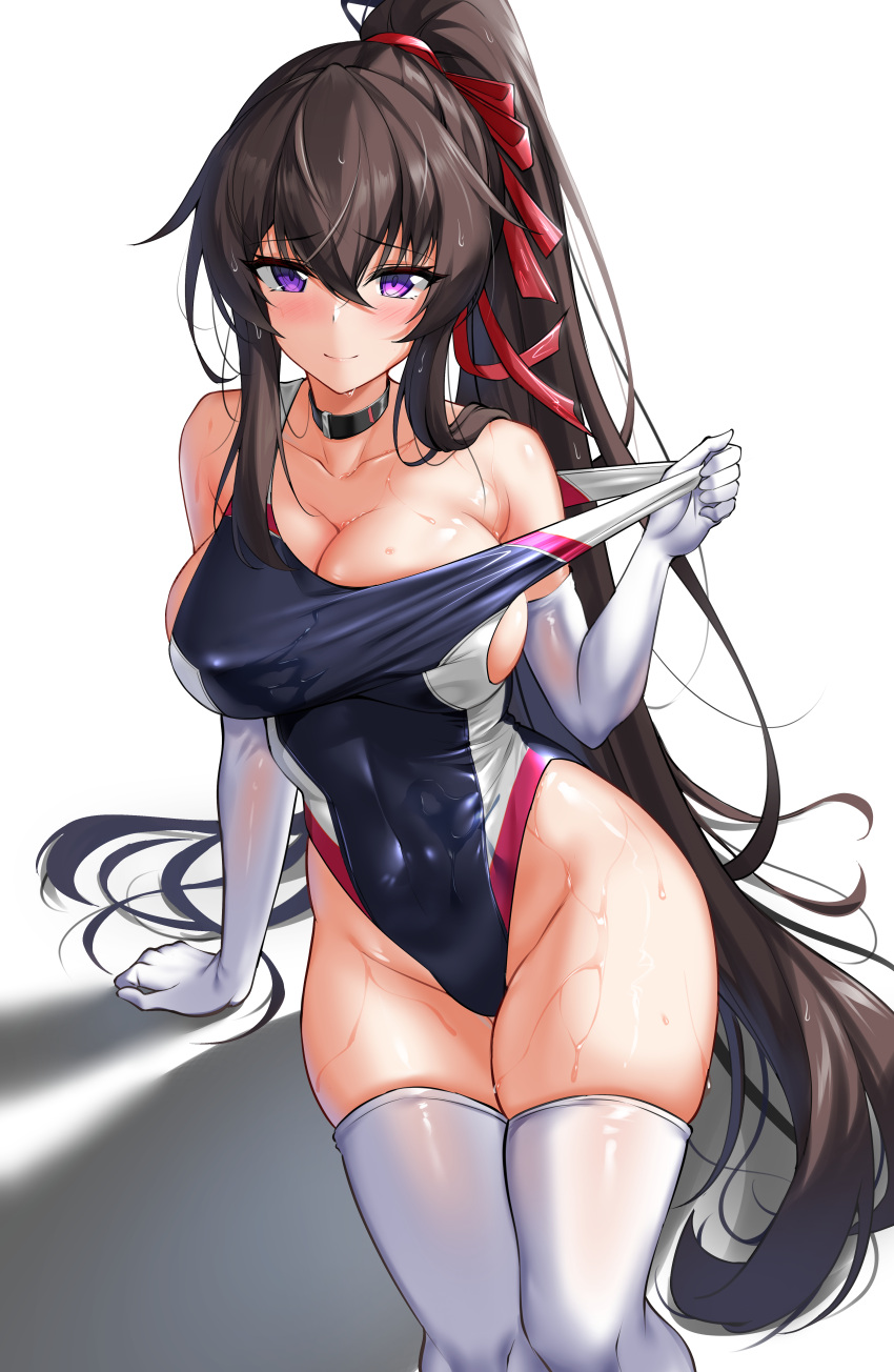 1girl absurdres arm_support bare_shoulders black_choker black_hair black_one-piece_swimsuit breasts choker cleavage clothes_pull collarbone competition_swimsuit counter:side covered_navel elbow_gloves elze_(s01047480836) gloves hair_ribbon highleg highleg_swimsuit highres large_breasts long_hair looking_at_viewer one-piece_swimsuit one-piece_swimsuit_pull ponytail pulled_by_self purple_eyes ribbon sitting skindentation smile solo swimsuit thighhighs thighs very_long_hair wet white_gloves white_thighhighs yoo_mina