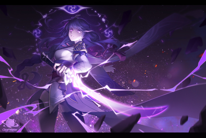 1girl black_border black_thighhighs border bridal_gauntlets clear_water floating_hair from_side genshin_impact highres holding holding_sword holding_weapon japanese_clothes kimono lens_flare letterboxed long_hair looking_at_viewer parted_lips pink_eyes purple_hair raiden_shogun solo standing sword thighhighs very_long_hair watermark weapon white_kimono zettai_ryouiki