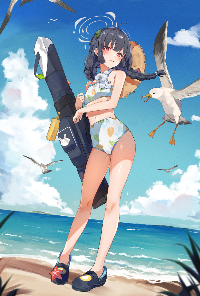 1girl absurdres ahoge beach bikini bird black_hair blue_archive blush braid deitaku flat_chest full_body halo hat hat_behind_back highres holding_case leaf_print looking_at_viewer miyu_(swimsuit)_(blue_archive) navel outdoors print_bikini red_eyes seagull solo straw_hat swimsuit twin_braids