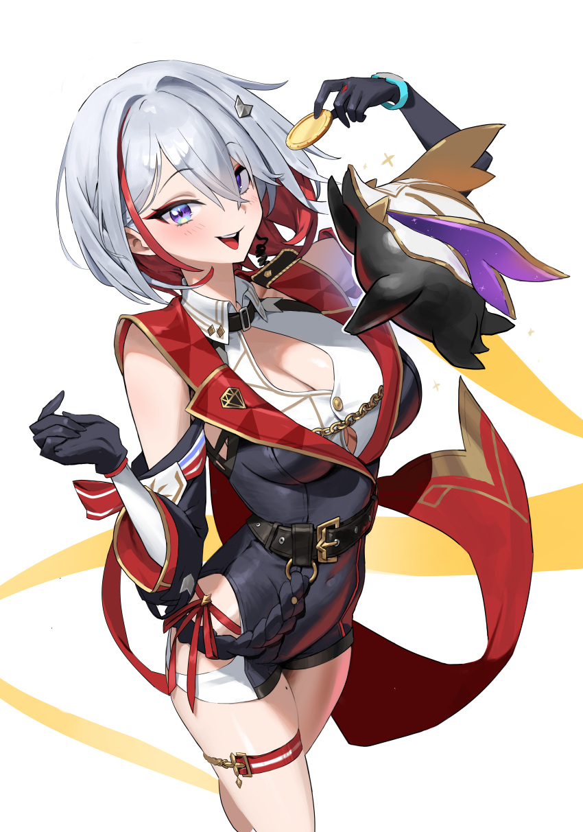 1girl absurdres asymmetrical_gloves bare_shoulders bby belt black_belt black_gloves black_sleeves blue_eyes breasts coin colored_inner_hair eyeliner gloves gold_coin highres holding holding_coin honkai:_star_rail honkai_(series) large_breasts looking_at_viewer makeup mole mole_on_thigh multicolored_hair numby_(honkai:_star_rail) red_eyeliner red_hair short_hair simple_background smile streaked_hair thigh_focus thigh_strap topaz_(honkai:_star_rail) uneven_gloves white_background white_hair