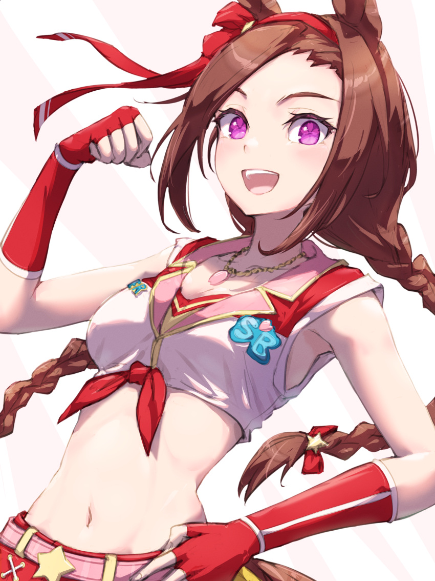 1girl absurdres animal_ears belt braid breasts brown_hair clenched_hand crop_top elbow_gloves fingerless_gloves gloves hairband hand_on_own_hip hand_up highres horse_ears jewelry long_hair looking_at_viewer midriff navel necklace open_mouth purple_eyes red_gloves red_skirt sakura_bakushin_o_(umamusume) shirt skirt sleeveless sleeveless_shirt small_breasts smile solo stella_(stella) twin_braids umamusume upper_body