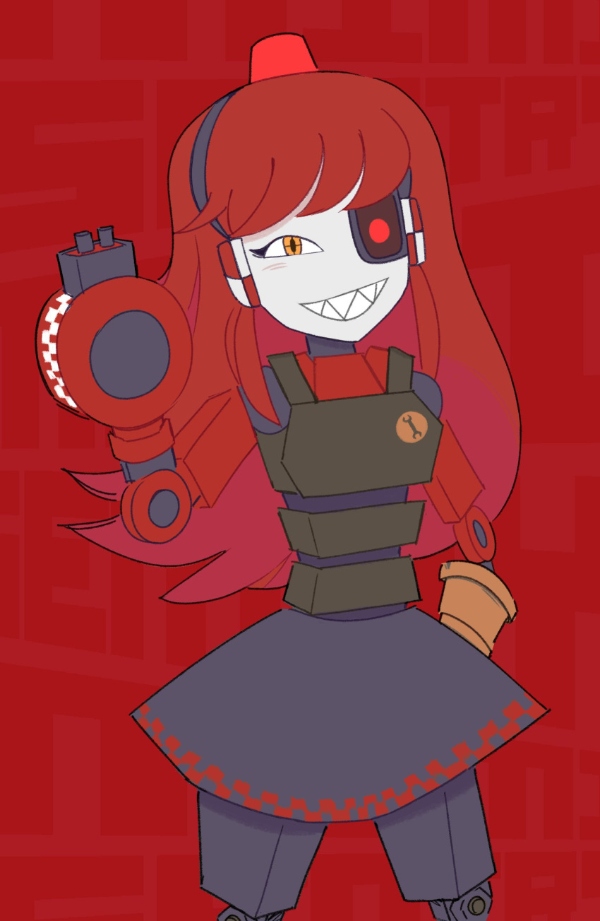 1girl alarm_siren arm_cannon black_dress borrowed_character character_name checkered_trim commentary cowboy_shot crosshair_pupils dress english_commentary grin hand_up heterochromia highres joints le0ro long_hair looking_at_viewer mimi-sentry original personification red_background red_eyes red_hair robot robot_girl robot_joints sharp_teeth simple_background smile solo team_fortress_2 teeth weapon wrench yellow_eyes