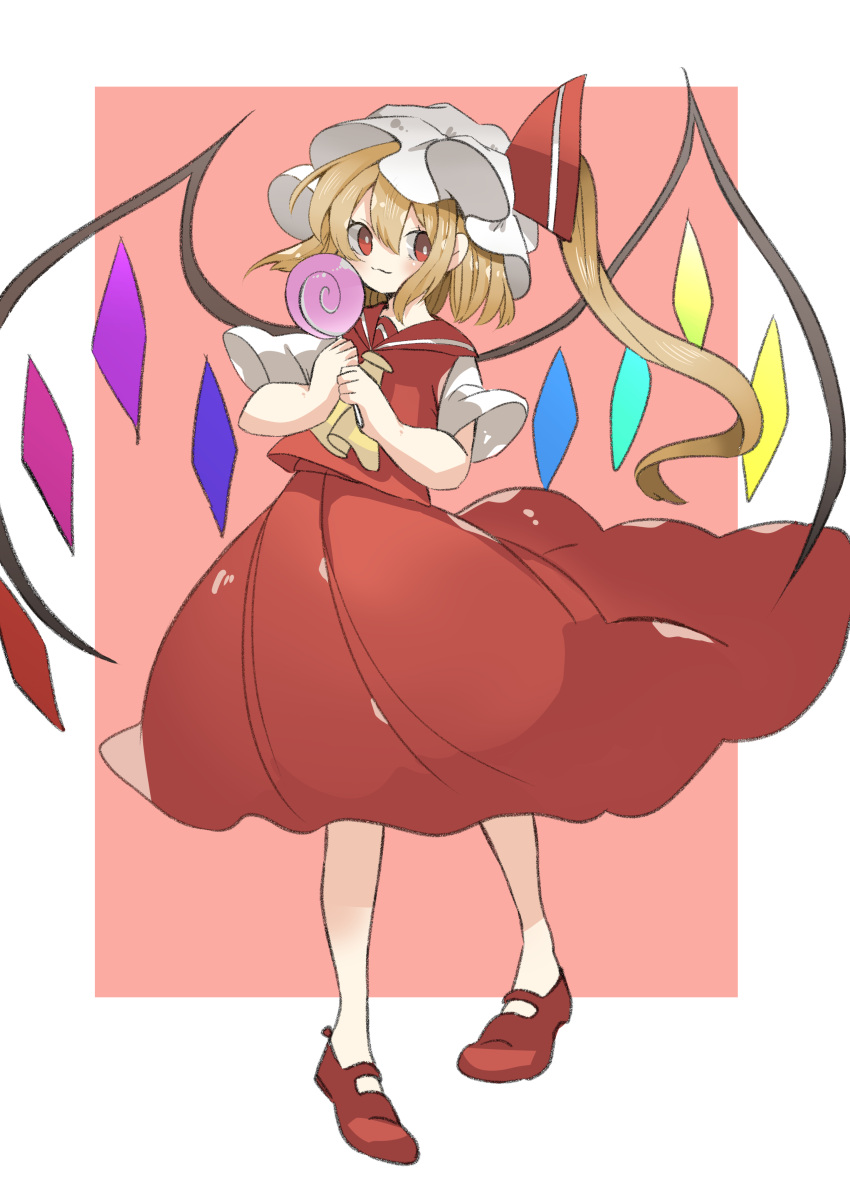 1girl absurdres adapted_costume aporro622 blonde_hair border candy closed_mouth flandre_scarlet food full_body hair_between_eyes hat highres holding holding_candy holding_food holding_lollipop lollipop long_skirt looking_at_viewer medium_hair mob_cap multicolored_wings no_socks pink_background red_eyes red_footwear red_shirt red_skirt shirt short_sleeves skirt solo swirl_lollipop touhou white_border white_headwear wings