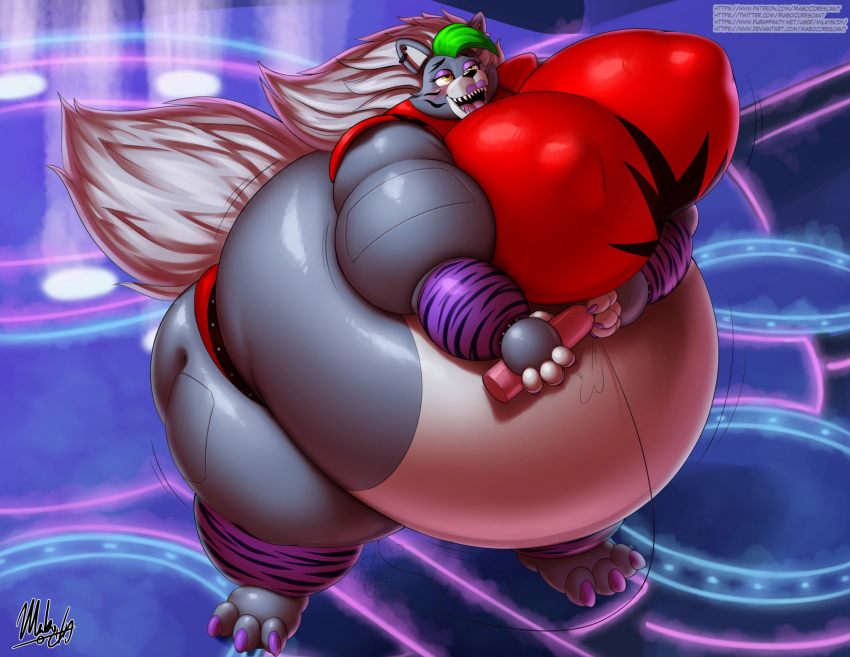 2023 air_inflation air_tank animatronic belly belly_expansion belly_inflation big_belly big_breasts black_hose blush body_inflation breast_expansion breasts butt butt_expansion canid canine canis clothing colored_nails detailed detailed_background digital_media_(artwork) expansion eyeshadow female five_nights_at_freddy's five_nights_at_freddy's:_security_breach green_hair grey_body hair hi_res hose_in_butt hose_inflation huge_breasts hyper hyper_belly hyper_breasts inflation inflation_fetish lips looking_pleasured machine makeup mammal milkybody nails nipple_outline open_mouth paw_expansion purple_eyeshadow purple_lips purple_nails red_clothing red_topwear robot roxanne_wolf_(fnaf) scottgames shaded sharp_teeth solo steel_wool_studios tail teeth thick_thighs thigh_expansion tight_clothing topwear white_hair white_tail wolf