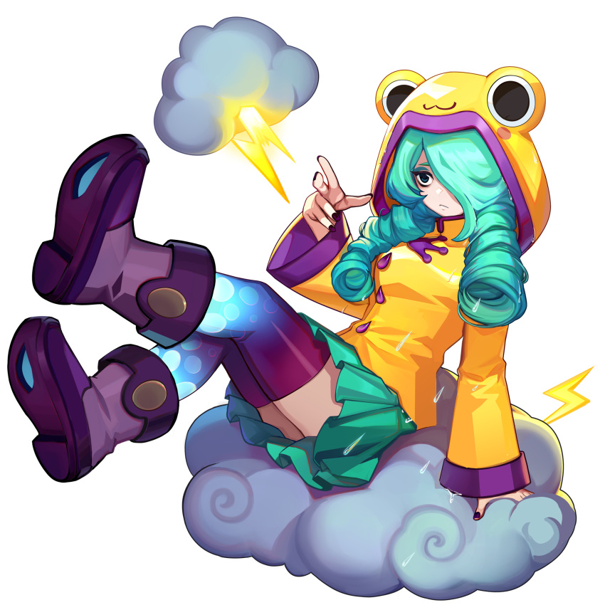 1girl animal_hood artist_request blue_eyes blue_thighhighs boots cloud drill_hair era_(omega_strikers) expressionless feet_up frog_hood full_body gradient_legwear green_hair green_skirt hair_over_one_eye highres hood long_hair magic nail_polish non-web_source official_art omega_strikers purple_thighhighs raincoat sitting skirt solo thighhighs thunder