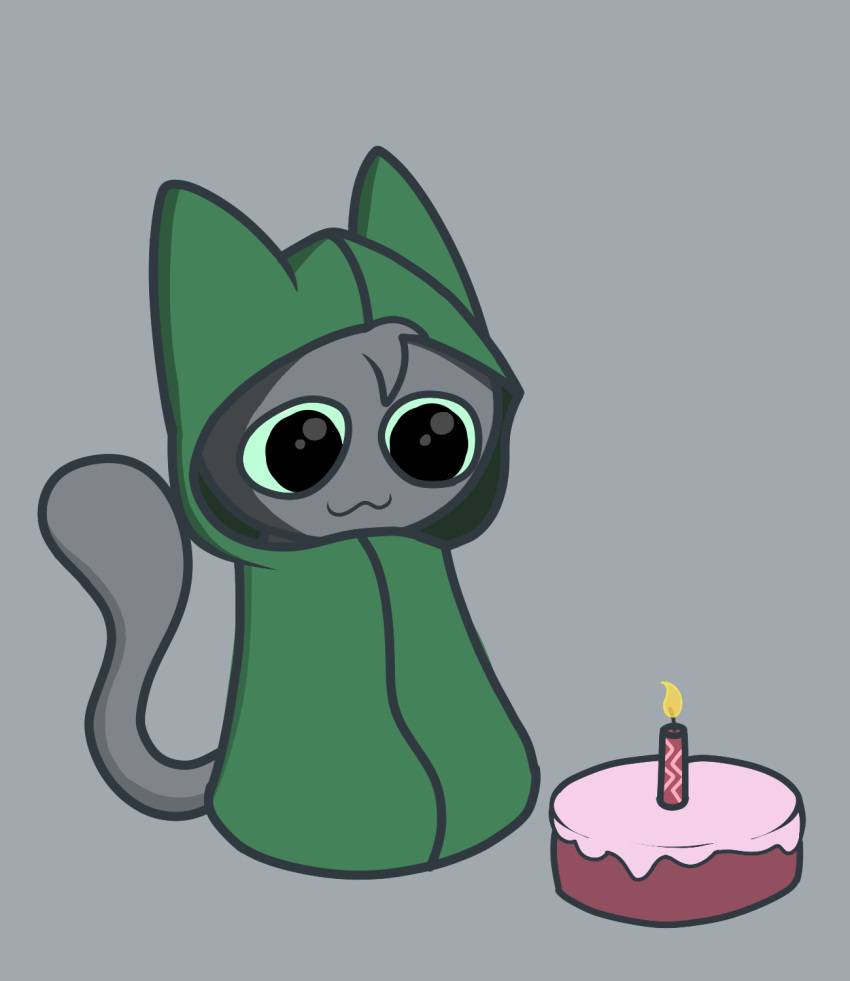 birthday birthday_cake cake candle cloak clothing dessert domestic_cat felid feline felis food gooblie_2 green_cloak green_clothing green_sclera grey_background grey_body hi_res isaac_(gooblie_ii) male mammal simple_background smile solo tail