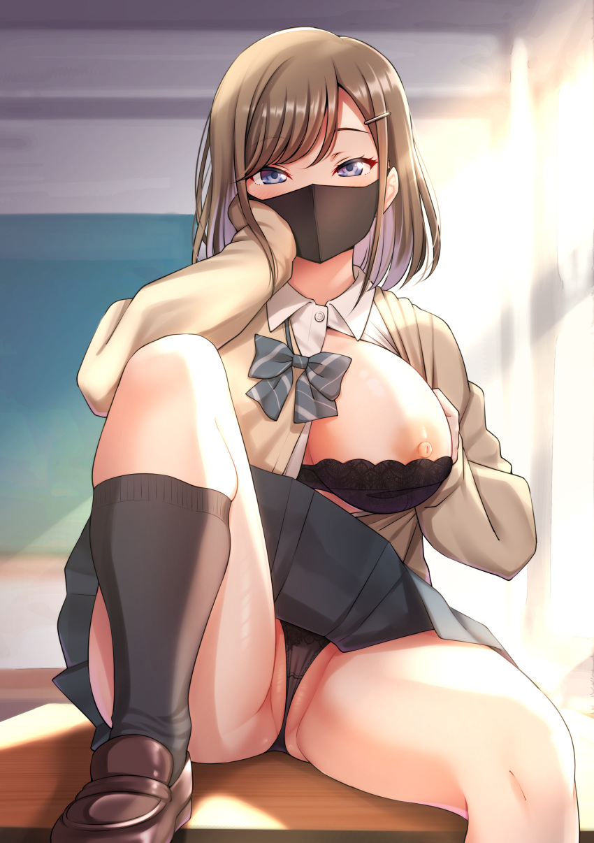 1girl absurdres black_bra black_panties black_socks blue_eyes bra bra_pull breasts brown_hair clothes_pull desk female_pubic_hair hair_ornament hairpin hand_on_own_cheek hand_on_own_face highres looking_at_viewer mask mibushiro mouth_mask on_desk one_breast_out original panties pleated_skirt pubic_hair school_uniform short_hair sitting sitting_on_desk skirt socks solo spread_legs underwear upskirt