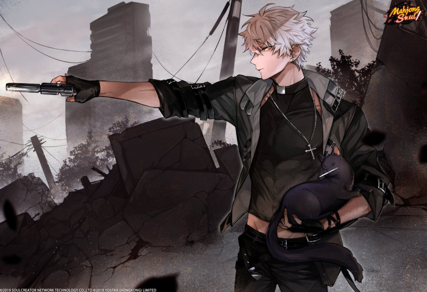 1boy a-37 aiming animal black_cat black_gloves black_jacket cat commentary cross cross_necklace english_commentary fingerless_gloves from_side gloves gun holding holding_animal holding_gun holding_weapon jacket jewelry mahjong mahjong_soul male_focus midriff_peek necklace official_art rubble tenbou toriniku_twst urban weapon white_hair