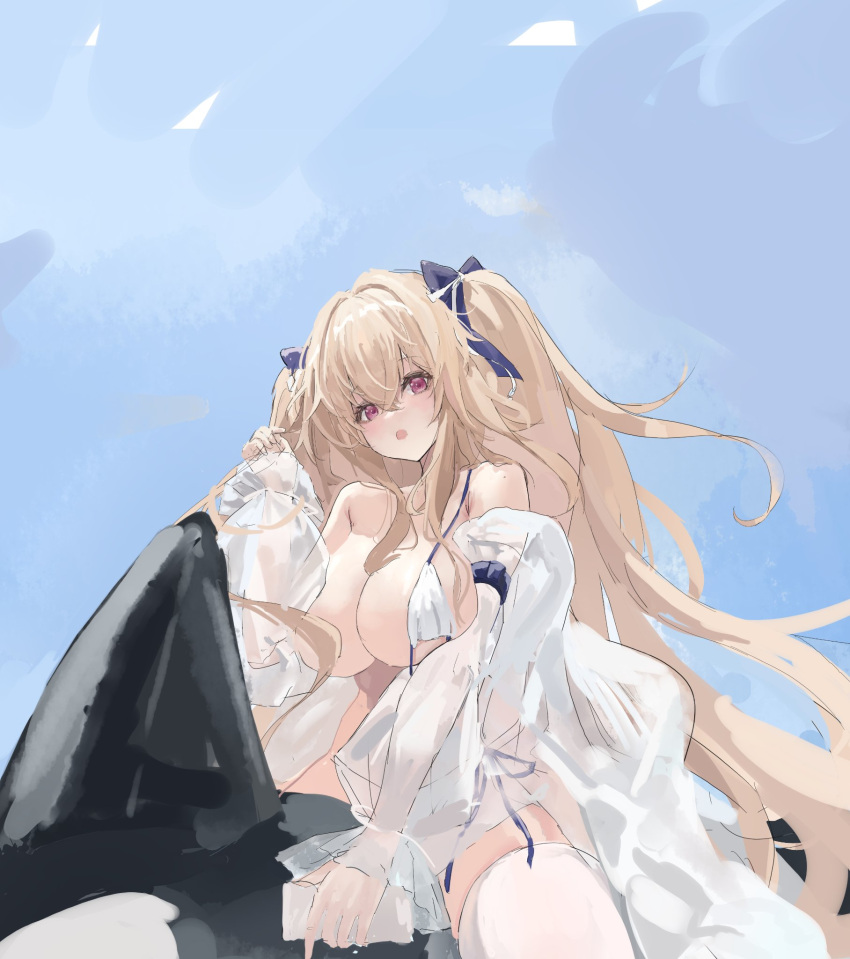 1girl anchorage_(azur_lane) anchorage_(dolphins_and_swim_lessons)_(azur_lane) azur_lane bikini breasts day hair_ribbon highres inflatable_orca inflatable_toy jacket large_breasts light_brown_hair long_hair long_sleeves lump_saury outdoors purple_ribbon ribbon see-through see-through_jacket see-through_sleeves solo swimsuit thighhighs untied untied_bikini very_long_hair white_bikini white_thighhighs