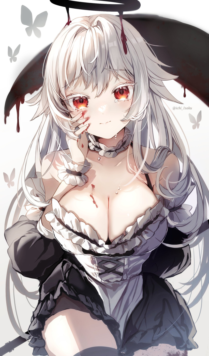 1girl absurdres albino black_dress black_shorts black_thighhighs blood blood_on_breasts blood_on_face breasts cleavage colored_eyelashes dress grey_butterfly halo highres ichineko. large_breasts long_hair melting_halo multicolored_clothes multicolored_dress original red_eyes shorts solo tears tentacles thighhighs twitter_username white_background white_dress white_hair