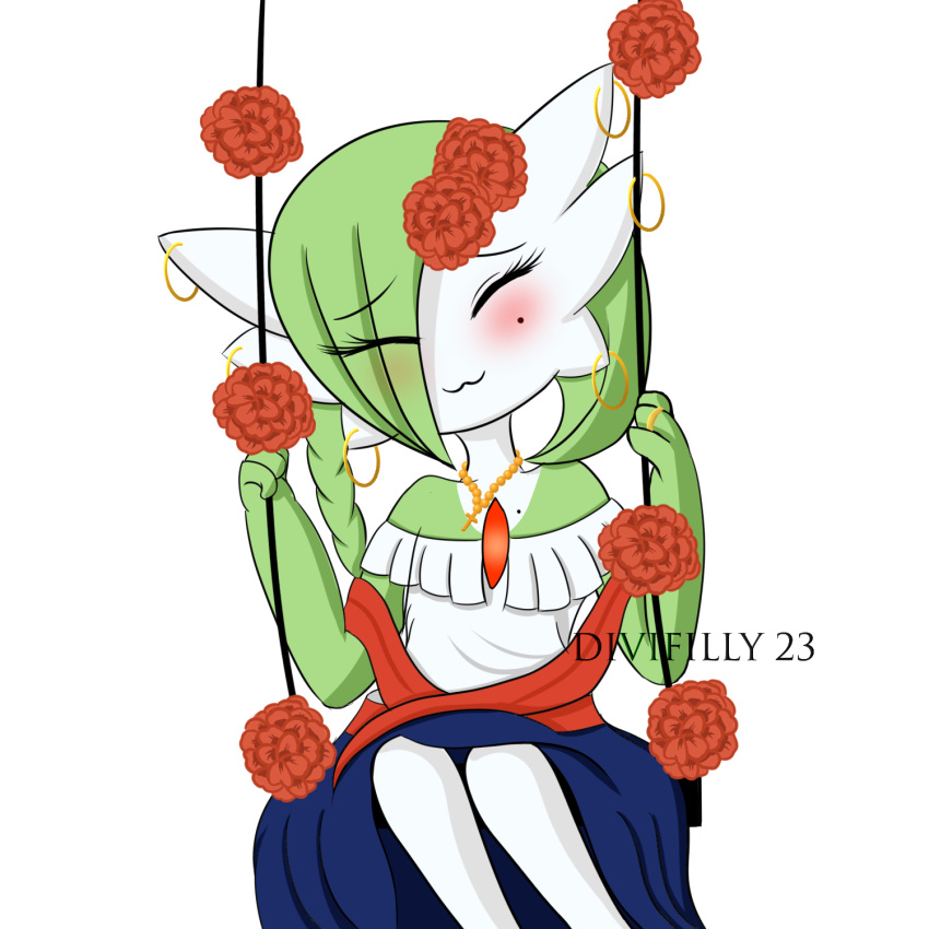 2023 3_fingers :3 artist_name blush braided_hair braided_ponytail digit_ring divifilly ear_piercing ear_ring eye_through_hair eyes_closed female fingers gardevoir generation_3_pokemon green_hair hair hair_over_eye happy hi_res humanoid jewelry mole_under_eye nintendo not_furry one_eye_obstructed piercing pokemon pokemon_(species) ponytail ring ring_piercing rosary soledad_(atomic417) solo swing translucent translucent_hair wedding_ring