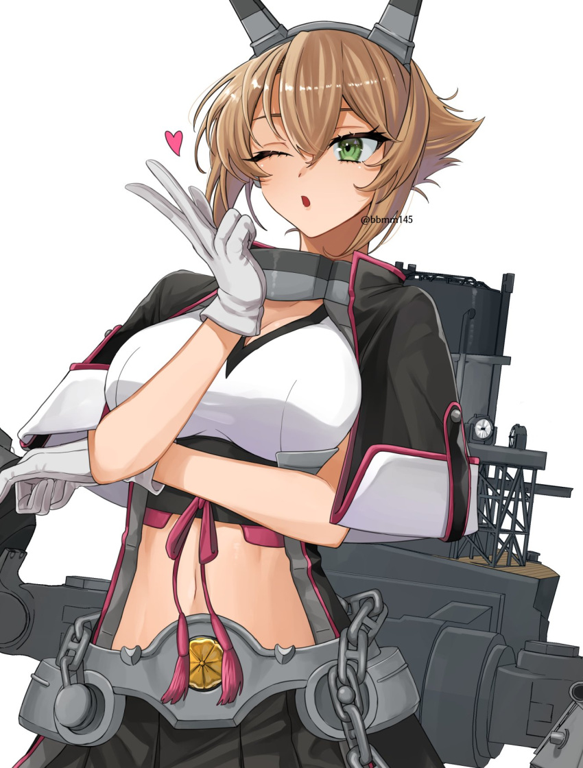 1girl black_skirt breasts brown_hair chain crop_top gloves green_eyes hair_between_eyes headgear heart highres kantai_collection large_breasts machi_(ritovoyage) midriff mutsu_(kancolle) mutsu_kai_ni_(kancolle) one_eye_closed parted_lips pleated_skirt rigging short_hair simple_background skirt solo tassel twitter_username white_background white_gloves
