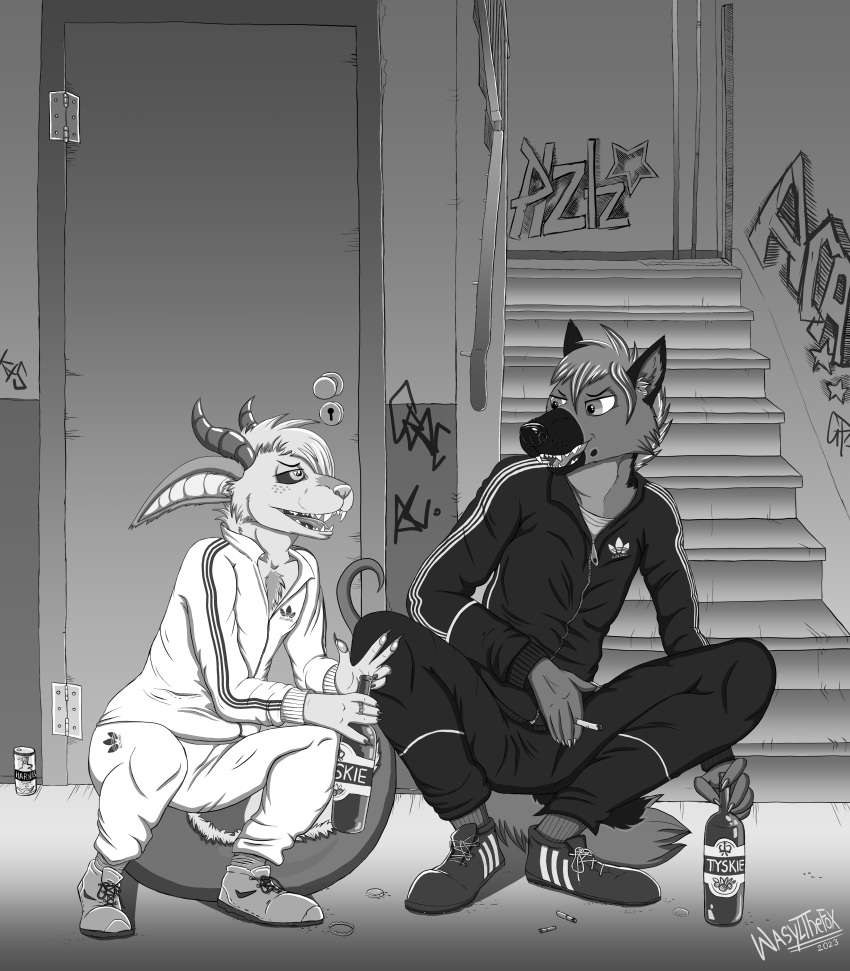 absurd_res adidas adidas_logo alcohol anthro beer beverage canid canine canis clothing crouching digital_drawing_(artwork) digital_media_(artwork) domestic_dog dragon duo gopnik graffiti greyscale hardbass hi_res hybrid male male/male mammal monochrome slav_squat stairs tracksuit wasylthefox wolf