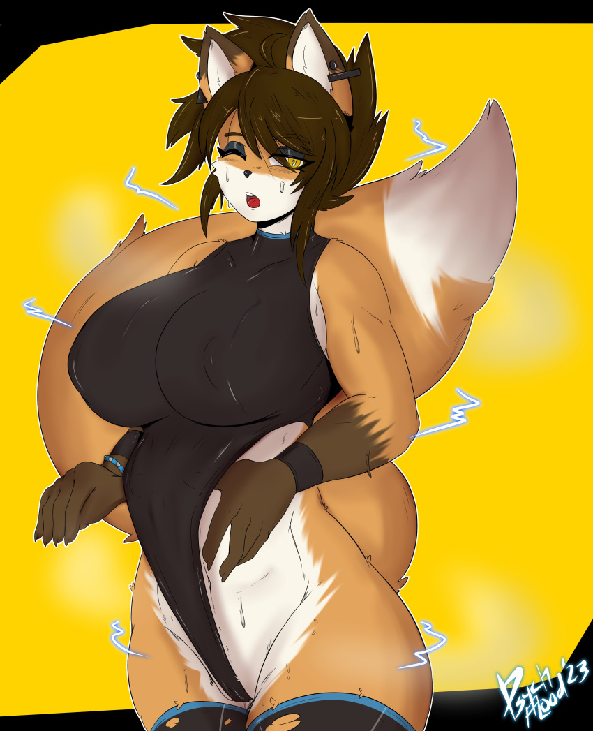absurd_res anthro bodily_fluids brown_hair canid canine clothing ear_piercing eyeshadow female fox fur hair hi_res jayme_(psychflood) leotard makeup mammal orange_body orange_fur piercing psychflood pulling_clothes solo sweat white_body white_fur wristband yellow_eyes