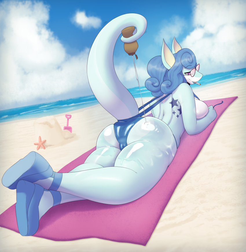 absurd_res anthro atherol beach beach_mat big_butt blue_body blue_hair blue_lipstick blue_scales breasts butt cigarette cigarette_in_mouth clothing cloud crossed_legs curled_hair eyewear female footwear generation_5_pokemon hair hi_res high_heels linea_vasquez lipstick looking_at_viewer looking_back lotion lotion_bottle lying makeup nintendo object_in_mouth oiled oiled_butt on_front pink_eyes platform_footwear pokemon pokemon_(species) ponytail raised_tail sand scales scenery sea seaside serperior sky smile smiling_at_viewer solo sunglasses swimwear tail water