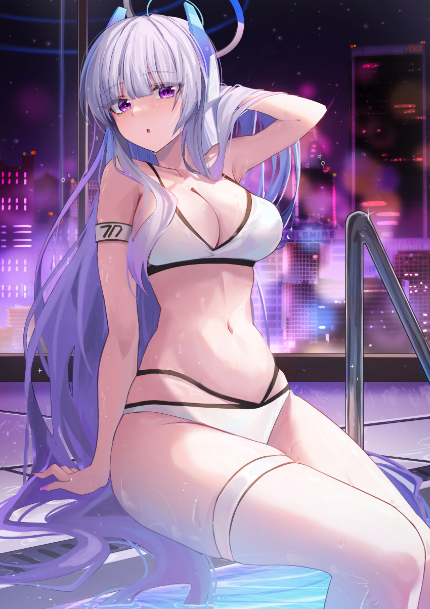 1girl :o absurdres arm_support bikini blue_archive blunt_bangs breasts city cityscape cleavage collarbone commentary_request gradient_hair grey_hair halo hand_in_own_hair hidel highres large_breasts long_hair looking_at_viewer medium_breasts multicolored_hair navel night noa_(blue_archive) open_mouth pool pool_ladder poolside purple_eyes purple_hair sitting solo swimsuit thigh_strap thighs two-tone_hair very_long_hair white_bikini window