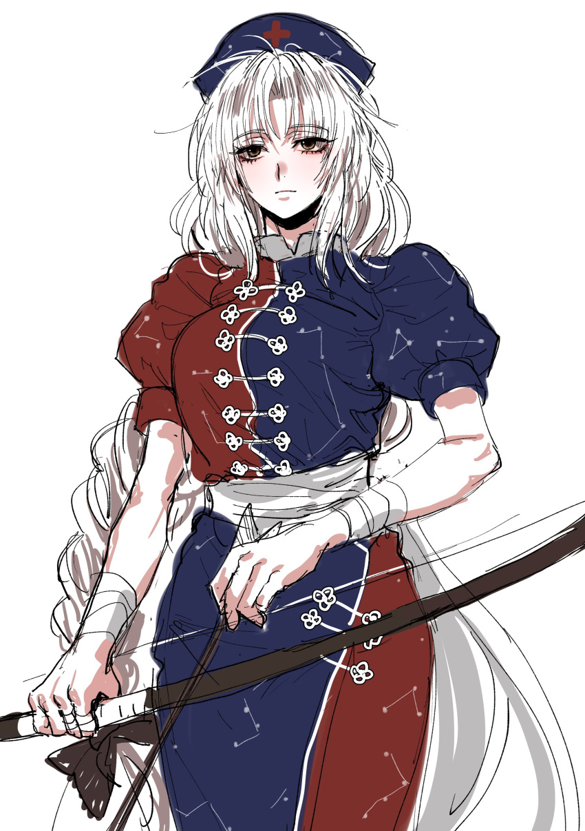 1girl absurdres arrow_(projectile) blue_dress blue_headwear bow_(weapon) cross dress expressionless highres kuya_(hey36253625) long_hair red_cross red_dress short_sleeves sketch solo touhou two-tone_dress very_long_hair weapon white_hair yagokoro_eirin
