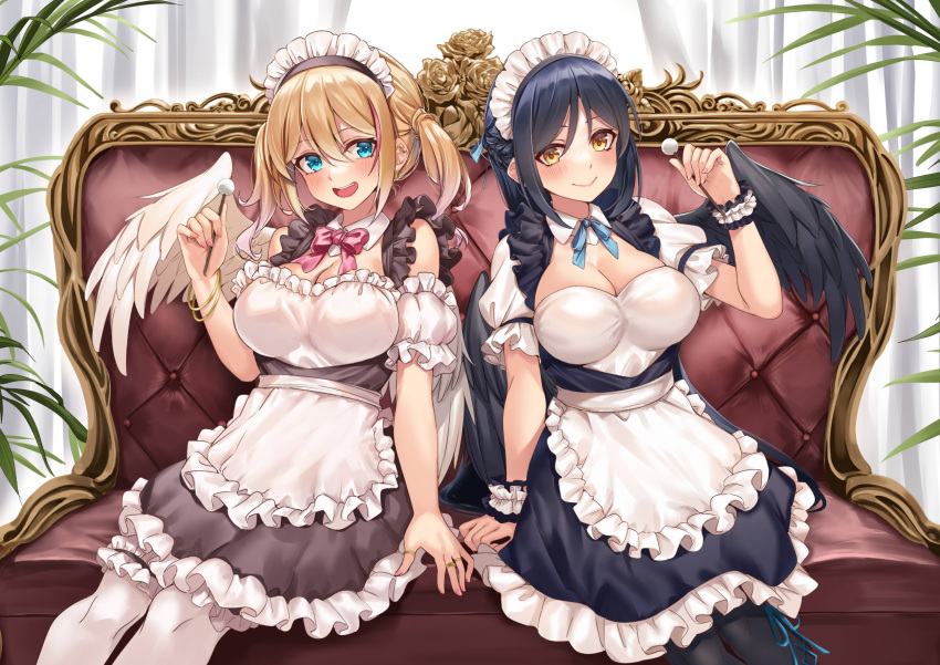 2girls absurdres apron blonde_hair blue_eyes blue_ribbon bow breasts cleavage couch dress feathered_wings hachiroku_(hatirokusann86) highres indoors long_hair maid maid_apron maid_headdress medium_breasts mimikaki multiple_girls original pink_bow ribbon short_twintails sitting smile twintails wings yellow_eyes