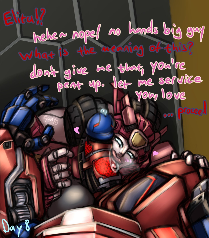 2023 5_fingers ?! autobot big_breasts big_penis blue_eyes blue_glans blue_hands blush bodily_fluids breasts colored cybertronian detailed_background digital_drawing_(artwork) digital_media_(artwork) dominant dominant_female duo elita-one ellipsis english_text epsi110 erection exclamation_point eyelashes fellatio female fingers first_person_view genital_fluids genitals glans hasbro hi_res high-angle_view humanoid humanoid_genitalia humanoid_penis intraspecies larger_male lipstick living_machine machine makeup male male/female male_pov multicolored_body not_furry open_mouth optimus_prime oral penile penis pink_lipstick pink_text pov_blowjob precum question_mark red_penis red_text robot saliva sex signature size_difference smaller_female smile submissive submissive_male takara_tomy text thick_thighs transformers