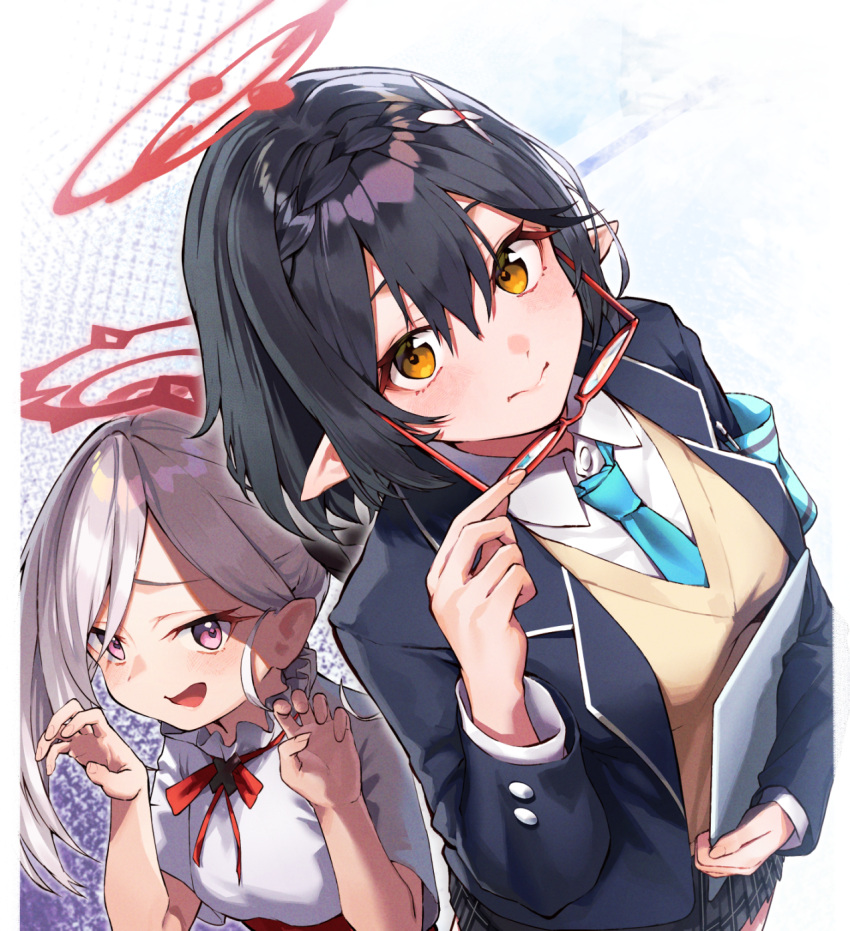 2girls ayane_(blue_archive) black_cola black_hair black_jacket blazer blue_archive blue_necktie breasts closed_mouth collared_shirt commentary_request eyewear_removed glasses grey_hair grey_skirt hair_between_eyes halo highres holding holding_eyewear jacket multiple_girls mutsuki_(blue_archive) necktie open_clothes open_jacket open_mouth orange_eyes plaid plaid_skirt pleated_skirt pointy_ears purple_eyes red-framed_eyewear school_uniform shirt skirt small_breasts sweater_vest white_shirt