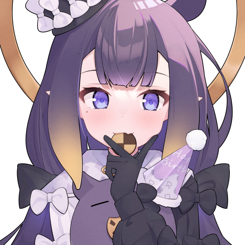 1girl black_gloves bow checkerboard_cookie cookie cp2980606 eating fang food gloves halo hat hololive hololive_english long_sleeves looking_at_viewer mole mole_under_eye ninomae_ina'nis official_alternate_costume party_hat pointy_ears purple_eyes purple_hair skin_fang solo takodachi_(ninomae_ina'nis) tentacle_hair upper_body virtual_youtuber