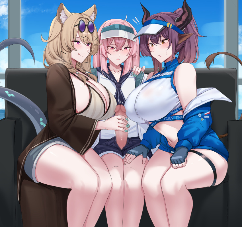 1boy 2girls absurdres age_difference animal_ear_fluff animal_ears ansel_(arknights) ansel_(casual_vacation)_(arknights) aqua_nails arknights bare_shoulders bikini blue_tail breasts brown_coat brown_hair coat couch cow_ears cow_girl cow_tail eyewear_on_head handjob highres jacket kanta_(kanta_077) lizard_tail lop_rabbit_ears multiple_girls on_couch onee-shota open_clothes open_jacket penis pink_hair purple_eyes purple_hair rabbit_ears rabbit_girl sideroca_(arknights) sideroca_(light_breeze)_(arknights) sitting sunglasses swimsuit tail utage_(arknights) utage_(summer_flowers)_(arknights)