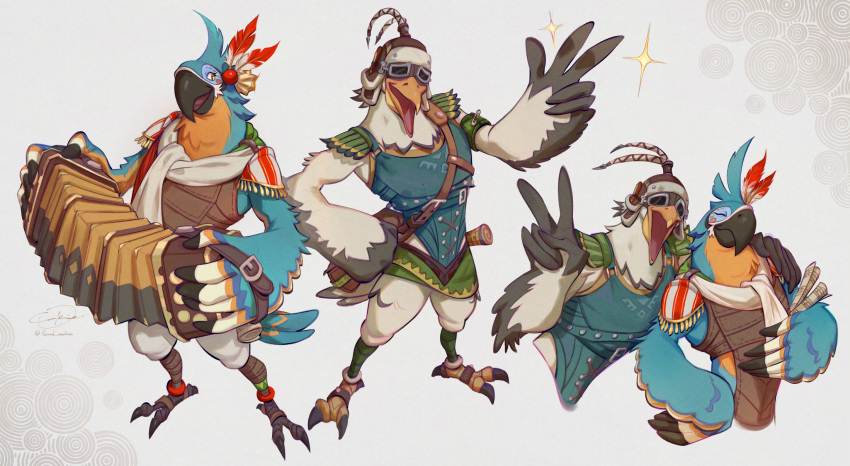 accordion anthro arm_on_shoulder avian beak biceps bird blue_body blue_feathers blush breath_of_the_wild duo eyewear feathers gesture goggles hi_res kass_(tloz) male musical_instrument nintendo open_mouth parrot pecs pelecaniform pelican penn_(tloz) rito scarf sparkles tears_of_the_kingdom the_legend_of_zelda third_cookie tongue v_sign white_body white_feathers yellow_eyes
