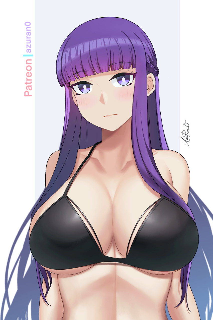 1girl absurdres aori_sora bare_shoulders bikini black_bikini blunt_bangs braid bright_pupils commentary fern_(sousou_no_frieren) french_braid head_tilt highres long_hair looking_at_viewer purple_eyes purple_hair solo sousou_no_frieren stomach swimsuit upper_body very_long_hair