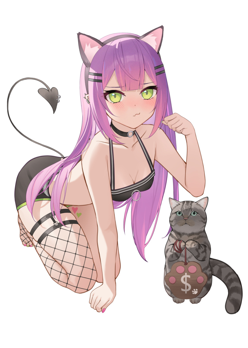 1girl all_fours alternate_hairstyle animal_ears belt black_choker black_hairband black_shirt black_shorts blush breasts cat cat_ears choker cleavage closed_mouth collarbone commentary demon_tail ear_piercing earclip fake_animal_ears fishnet_thighhighs fishnets full_body green_eyes green_nails hair_down hair_ornament hairband hairclip halterneck heart heart_tattoo highres hololive jmao kotaro_(tokoyami_towa) leg_tattoo long_hair looking_at_viewer medium_breasts multicolored_hair multicolored_nails nail_polish no_shoes o-ring o-ring_choker paw_pose piercing pink_hair pink_nails purple_hair shirt short_shorts shorts simple_background single_thighhigh skindentation solo tail tail_ornament tail_piercing tattoo thighhighs toenail_polish toenails tokoyami_towa two-tone_hair virtual_youtuber wavy_mouth white_background white_belt