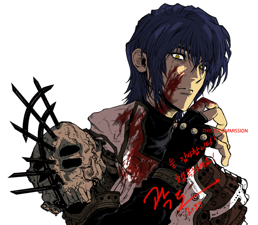 1boy absurdres armor black_gloves blood blood_on_clothes blood_on_face blue_hair commission fingerless_gloves gloves hand_up highres jacket legato_bluesummers long_sleeves looking_at_viewer male_focus my_nameisyoon parted_lips short_hair shoulder_armor simple_background skull solo trigun white_background white_jacket yellow_eyes