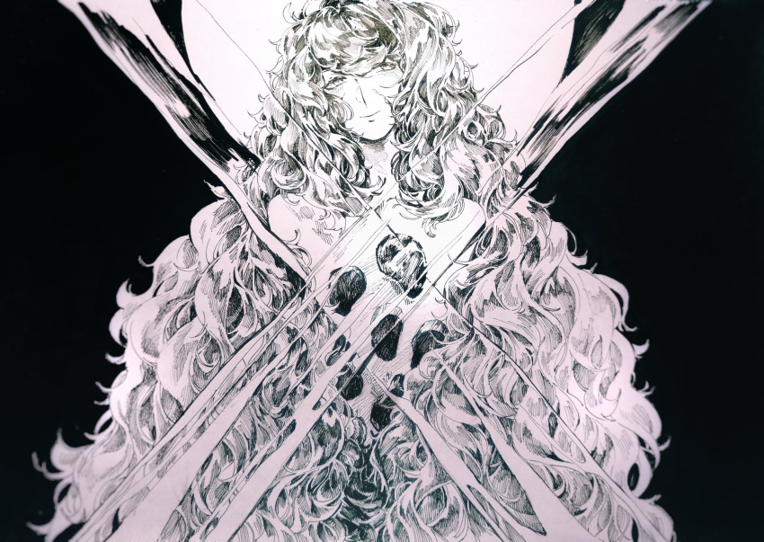 1other androgynous big_hair closed_mouth cross crystal full_moon hair_censor head_tilt highres houseki_no_kuni long_hair monochrome moon nianshoufa nude other_focus padparadscha_(houseki_no_kuni) photo_(medium) sideways_glance simple_background smile solo traditional_media transparent upper_body very_long_hair