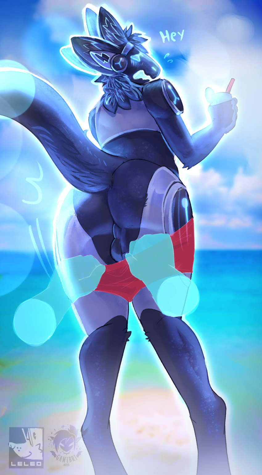 anthro balls beach beverage bottomwear butt clothed clothing cypro disembodied_hand gamibri genitals ghost_hands hi_res leleo machine male partially_clothed protogen seaside shorts shorts_down solo tagme