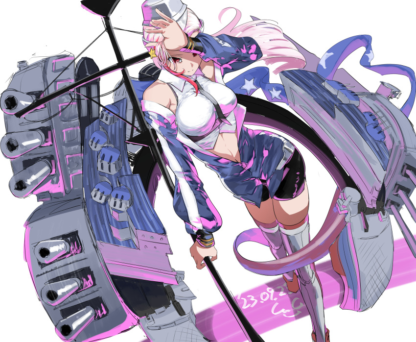 1girl artist_logo black_skirt blonde_hair blue_jacket breasts cannon dated feet_out_of_frame garrison_cap gegeron hat highres jacket kantai_collection large_breasts long_hair machinery massachusetts_(kancolle) multicolored_hair pennant red_eyes red_hair simple_background skirt solo streaked_hair thighhighs turret white_background