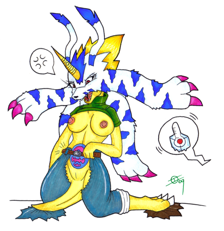 3_fingers 3_toes 4_fingers 6_arms after_transformation alternate_species annoyed anthro aroused aroused_face bandai_namco belt big_breasts black_nose blonde_hair blue_body blue_fur blush bottomwear breasts claws clothed clothing crossgender crotchless_bottomwear crotchless_clothing digimon digimon_(species) fangs feet female fingers fur gabumon genitals hair horn ice_cube ivanks kneeling looking_down mammal markings matt_ishida mostly_nude multi_arm multi_limb nipples open_mouth pants pink_claws pussy raised_clothing raised_shirt raised_topwear red_eyes scientific_instrument shirt short_hair simple_background solo speech_bubble striped_body striped_fur stripes surprise surprised_expression tail tattoo teeth thermometer toe_claws toes tongue topwear torn_clothing white_background white_body white_fur womb_tattoo yellow_body yellow_fur