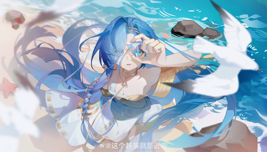 1girl 37_(reverse:1999) absurdres ancient_greek_clothes arm_up bare_shoulders barefoot beach bird blue_eyes blue_gemstone blue_hair blurry blurry_foreground breasts cleavage day floating_hair from_above full_body gem gold_choker greco-roman_clothes hair_over_one_eye hand_up highres holding holding_gem long_hair looking_at_viewer looking_up ocean outdoors parted_bangs parted_lips reverse:1999 rock sand seagull solo standing starfish teeth toga upper_teeth_only very_long_hair water weibo_logo weibo_username yuekui