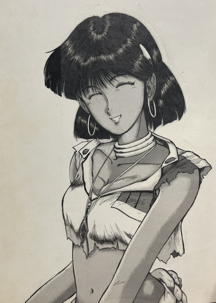 1980s_(style) 1990s_(style) 1girl blunt_ends bob_cut breasts cleavage closed_eyes collarbone commentary crop_top dark-skinned_female dark_skin earrings facing_viewer fushigi_no_umi_no_nadia gem greyscale hair_ornament hairclip halftone_texture highres hoop_earrings ink_(medium) jewelry kubo_shouten monochrome nadia_la_arwall neck_ribbon necklace parted_lips pendant retro_artstyle ribbon scan scan_artifacts sepia short_hair short_sleeves simple_background small_breasts smile solo torn_clothes torn_sleeves traditional_media uniform upper_body